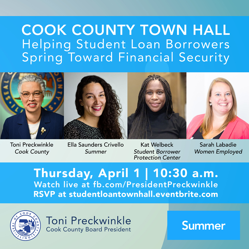 Social media flyer advertising a town hall to help student loan borrowers find debt relief with Summer